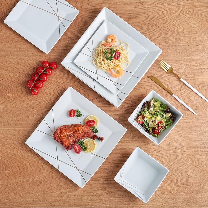 DOMINI 12-Piece Ceramic Kitchen Dinnerware Set Service for 4 Porcelain Dishes Dinner Set Square Dinnerware Sets with Dinner Plates Dessert Plates and Pasta BowlsWhite gold line