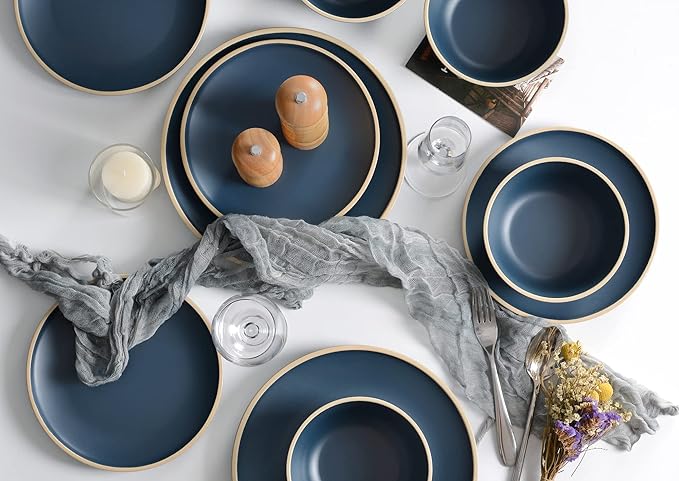Melamine Dinnerware Sets for 4 Plates and Bowls Sets 12 Pcs Melamine Plates Nautical Dinnerware Sets Modern StyleDishwasher Safe BPA Free Suitable Indoor and Outdoor Use (Deep Blue)