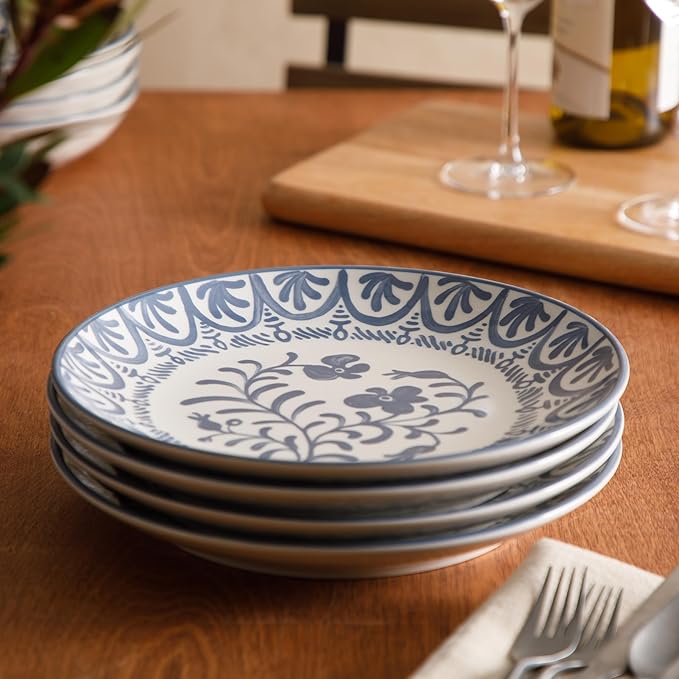 Bloomhouse - 2-Time Oprah’s Favorite Things - Valencia Flor 4 Piece 10.75” Dinner Plate Set Stoneware Plates Mediterranean Floral Decal Design Microwave &amp Dishwasher Safe Iris Blue