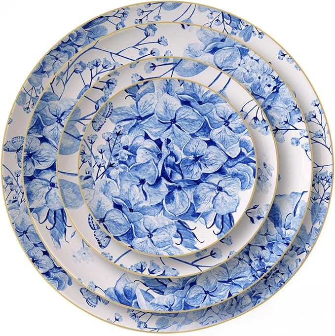 bone china dinnerware sets for 4 kitchen dishes set tableware set for dining include 6.5&amp8&amp10.5&amp12 inch plate European blue hydrangea flower