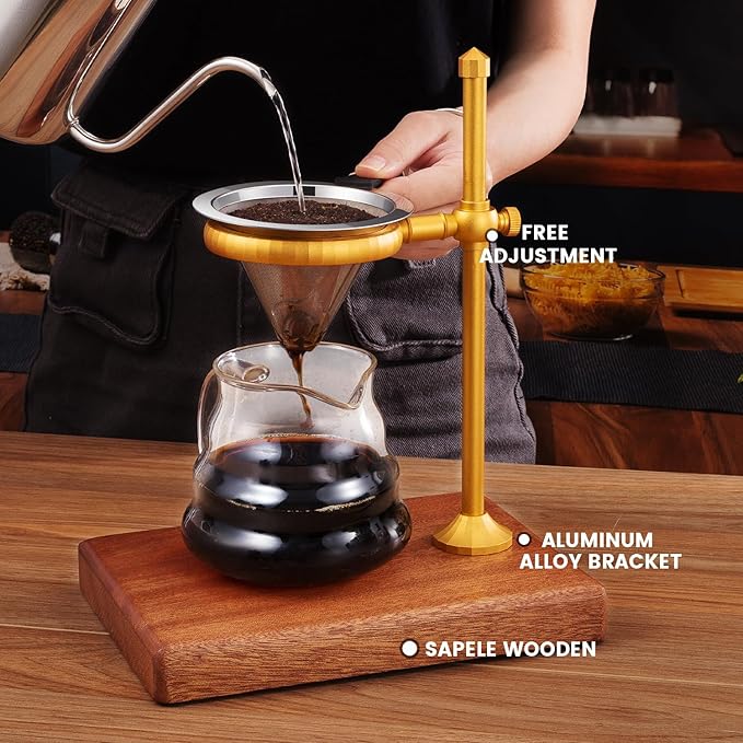 Pour Over Coffee Stand Height Adjustable Pour over Coffee Maker with Sapele Wooden Base Paper Filters Bronze