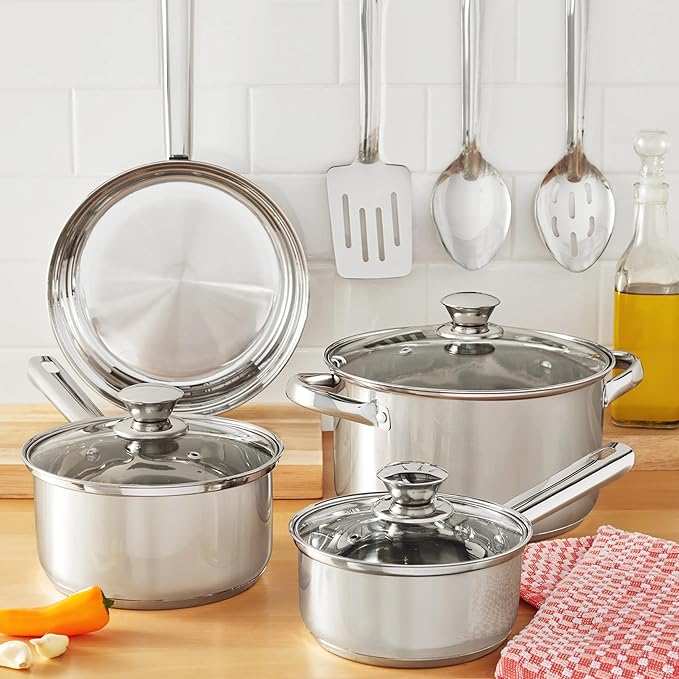 7-piece stainless steel cookware set non-stick cookware set with lids suitable for induction cookers kitchen set silver