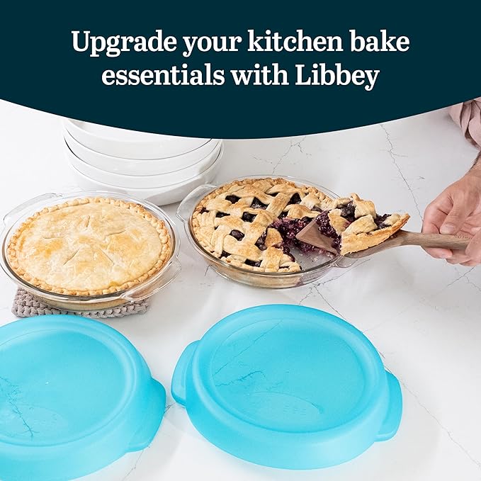 Libbey Baker’s Premium 2 Piece Glass Pie Plate Stackable Space Saving Casserole Dish Set with Lids Glass Baking Dish Set for Fruit Pies Quiches