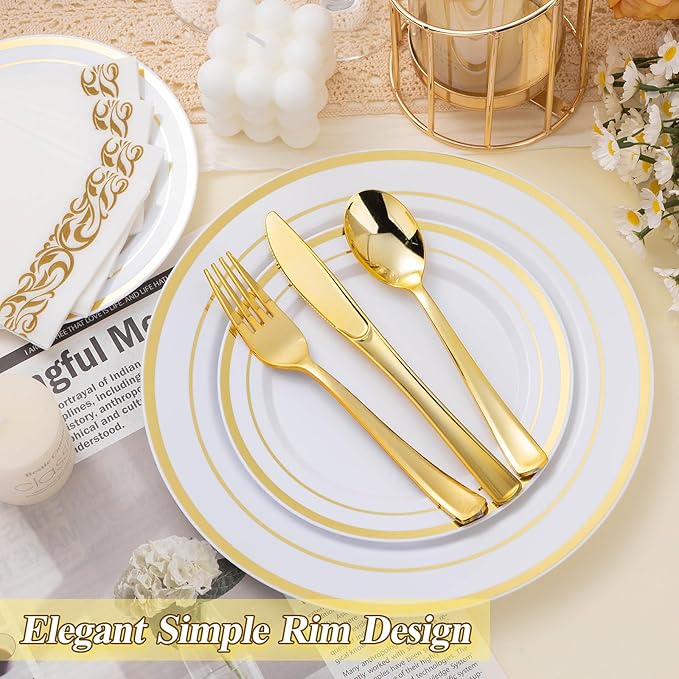 BESTSTAR 100PCS White Plastic Plates Set with Gold Rim 50 10.25 inch Heavy Duty Dinner Plate and 50 7.5 inch Dessert Appetizer Plates Premium Disposable Plates for Party Wedding Birthday