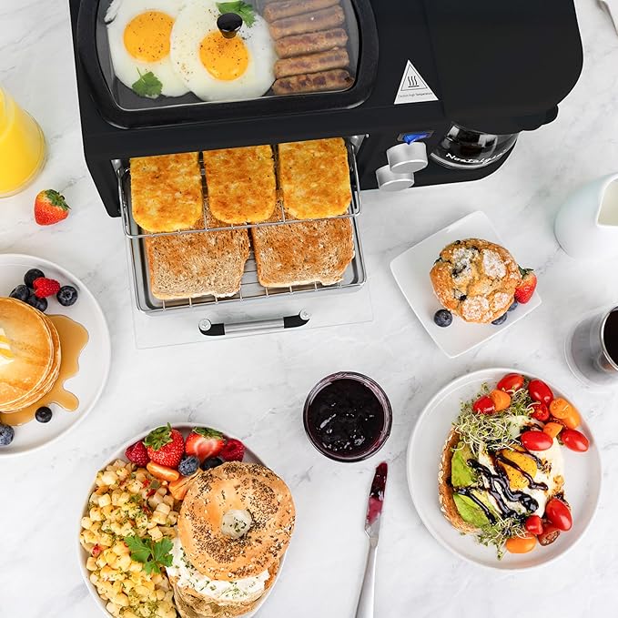 Nostalgia 3-in-1 Retro Breakfast Station - Includes 5 Cup Coffee Maker Non-Stick Ceramic Griddle and 4-Slice Toaster Oven - Built-In Timer Reusable Coffee Filter Space-Saving Design - Black