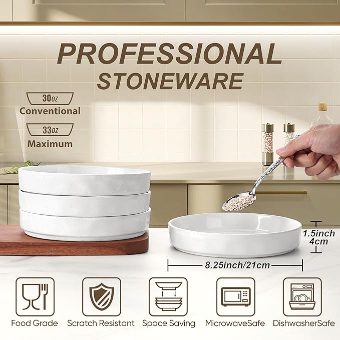 Herogo 18 Pieces Plates and Bowls Sets for 6 with Pasta Bowls Set of 4 Stoneware Dinnerware Set for Kitchen Ceramic Dinner Dishware Dishwasher &amp Microwave Safe Speckled White