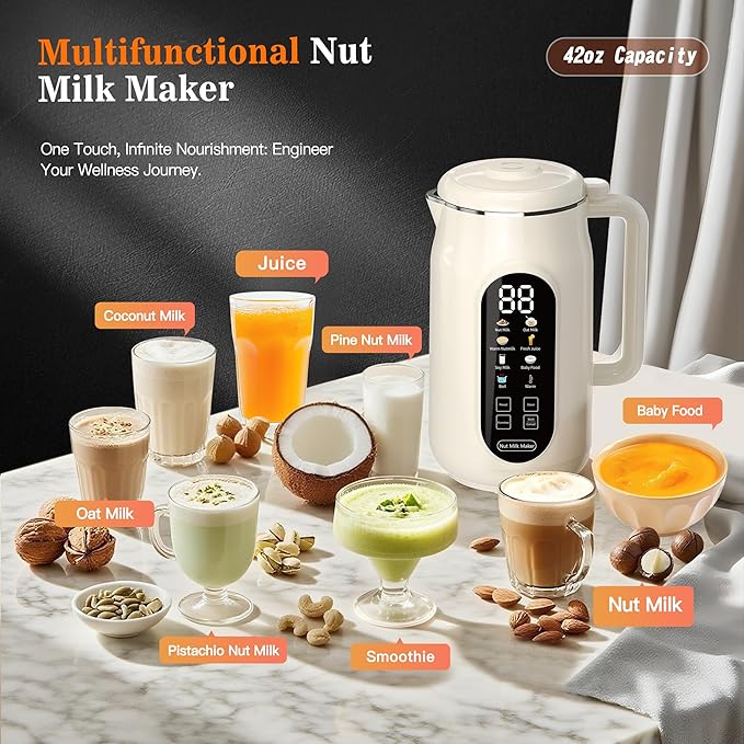 10 in 1 Nut Milk Maker Machine 42oz IMD Screen Almond Milk Maker Soy Milk Maker with Self-Cleaning Delay Start Keep Warm Boil Water Automatic Plant-Based Milk Blender for Soybean Oat Coconut