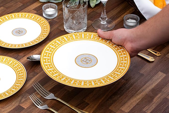 Royalty Porcelain 44 Piece Dinnerware - Gorgeous Set for 6 - Mosaic Design with Gold Detailing - Dining Plates Bowls Tureen and Serving Pieces - For Everyday Dishes or Formal Occasion