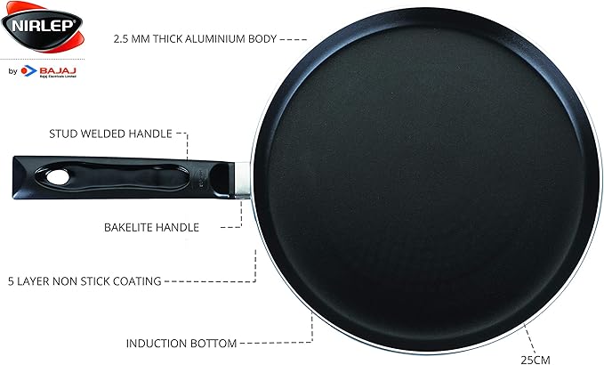 Nirlep by Bajaj Electricals Sakhi Induction-Base Non-Stick 3-Piece Cookware Set with Lid Black