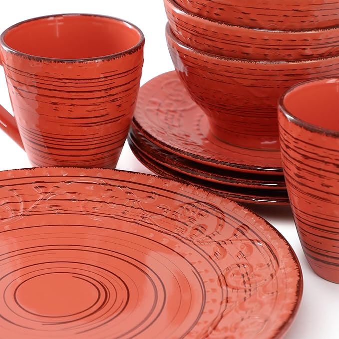 Elama Malibu Jasper 16-Piece Stoneware Embossed Pattern Reactive Glaze Orange Dinnerware Set Tableware Serveware Set (Jasper Orange)