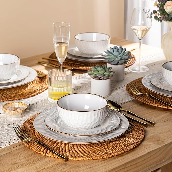 GBHOME Ceramic Dinnerware Sets18 pcs Embossed Elegant Stoneware Plates and Bowls Sets Housewarming Wedding Gift | Dishwasher &amp Microwave Safe | Dishes Set Service for 6