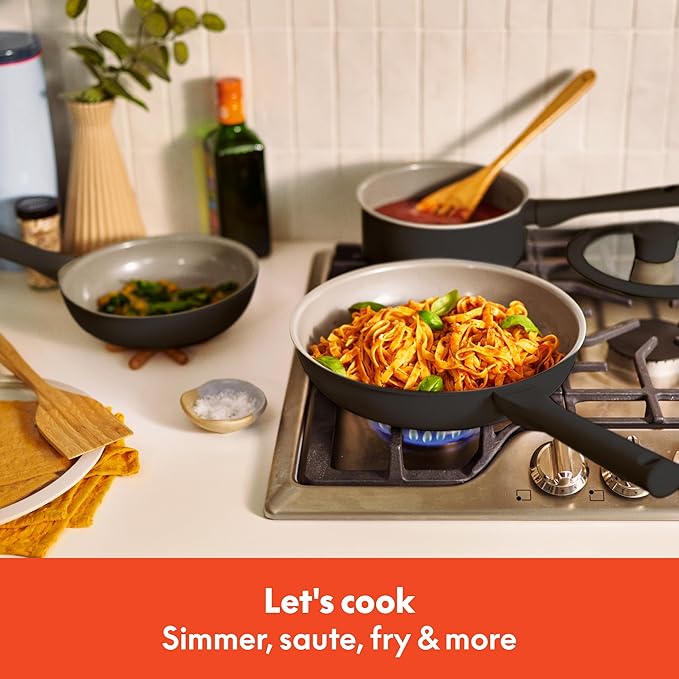 bella 7 Piece Cookware Set with EverGood™ Ceramic Nonstick Coating Dishwasher Safe Oven Safe All Stovetops Compatible Glass Lids with Silicone Rims Cool Touch Handles Black