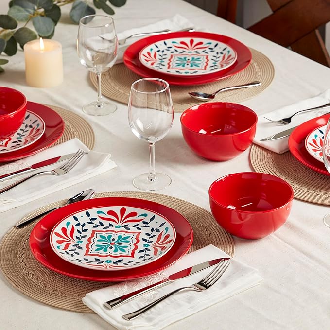 Tabletops Gallery 12-Piece Camila Patterned Ceramic Dinnerware Set of Kitchen Dishes Dinner Plates Cereal Bowls Service for 4 Red