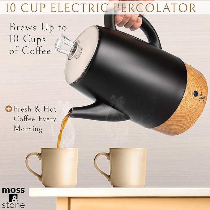 Moss &amp Stone 10 Cup Black Percolator Coffee Pot Electric Stainless Steel Coffee Percolator Electric With Keep Warm Function Classic Perculator Pot With Removable Basket for Home or Office