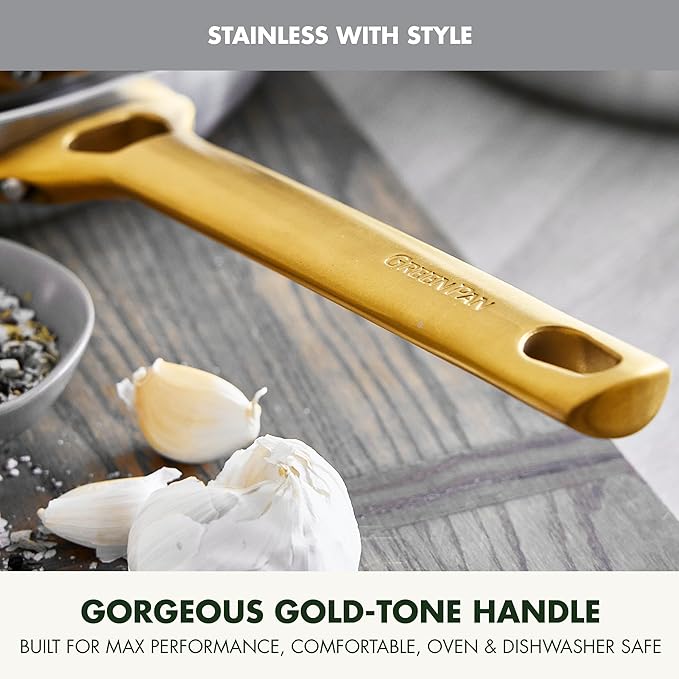 GreenPan Stainless Steel Tri-Ply Reserve 8” Frying Pan Skillet Multiclad Cookware Induction Oven &amp Broiler Safe to 600°F Heat Responsive Core Dishwasher Safe Gold Handle