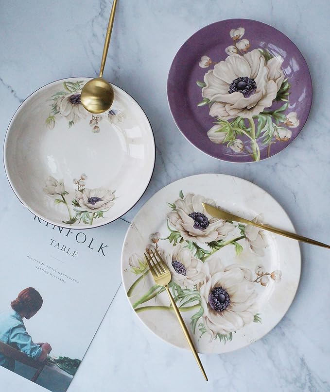 Bico Purple Poppy Ceramic 12 pcs Dinnerware Set Service for 4 Inclusive of 11 inch Dinner Plates 8.75 inch Salad Plates and 35oz Dinner Bowls for Party Microwave &amp Dishwasher Safe