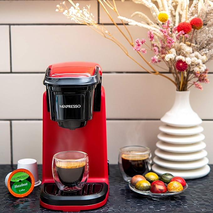 Mixpresso Red Single Serve Coffee Maker for K Capsule Compact Mini Coffee Maker 800 Watt Coffee Machine for Pods or Ground Fast Brew Auto Shut Off 12 Oz Brew Size for Travel Office RV and Dorm
