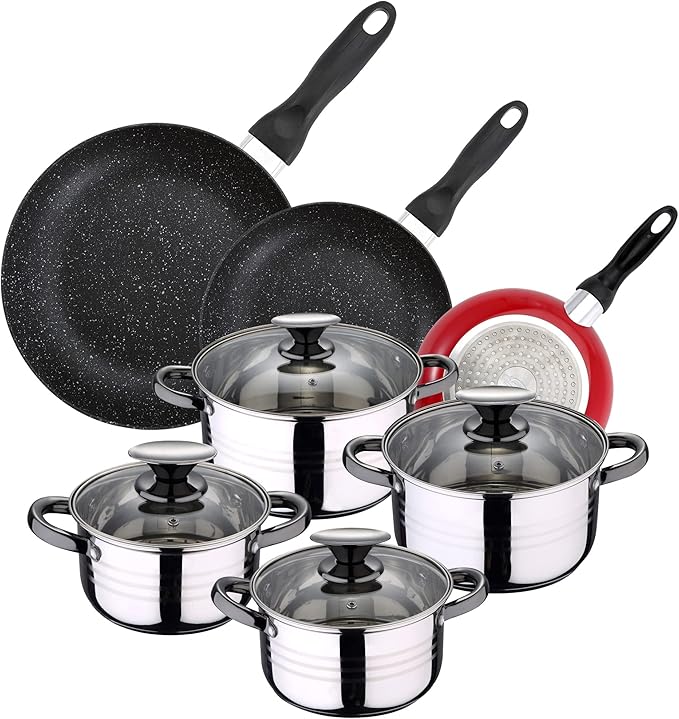 San Ignacio Pack of 3 SARTENES SAN IGNACIO 16CM 20CM 24CM + Kitchen Battery 8 Pieces in Stainless Steel Black
