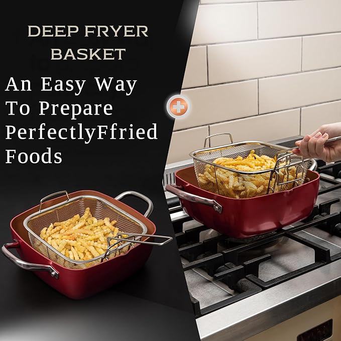 Moss &amp Stone 5 Pcs Red Copper Chef Cookware Non Stick Deep Frying Pan Fry Basket Steamer Rack Dishwasher &amp Oven Safe 5 Qt Deep Square Pan Induction Copper Cookware Set - 9.5 x 3.5