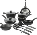 Gibson Soho Lounge Nonstick Forged Aluminum Induction Pots and Pans Cookware Set W/Cast Iron Skillet 15-Piece Set Black