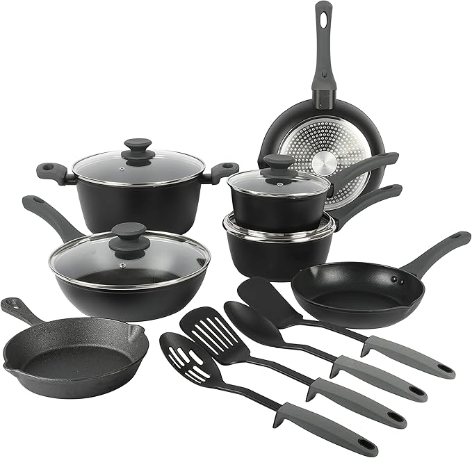 Gibson Soho Lounge Nonstick Forged Aluminum Induction Pots and Pans Cookware Set W/Cast Iron Skillet 15-Piece Set Black