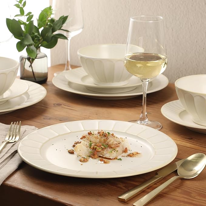Gibson Elite Winchester Way 12-Piece Embossed Stoneware Dinnerware Set – Reactive Matte Glaze Durable Lightweight-Tech Plates &amp Bowls Everyday Dish Set Microwave &amp Dishwasher Safe – Off-Whi