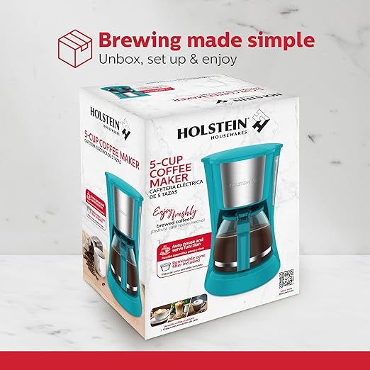 Holstein Housewares 5 Cup Drip Coffee Maker – Compact and User-Friendly with Auto Pause &amp Serve Reusable Filter Measuring Spoon &amp Glass Carafe Office &amp Dorm Use Teal