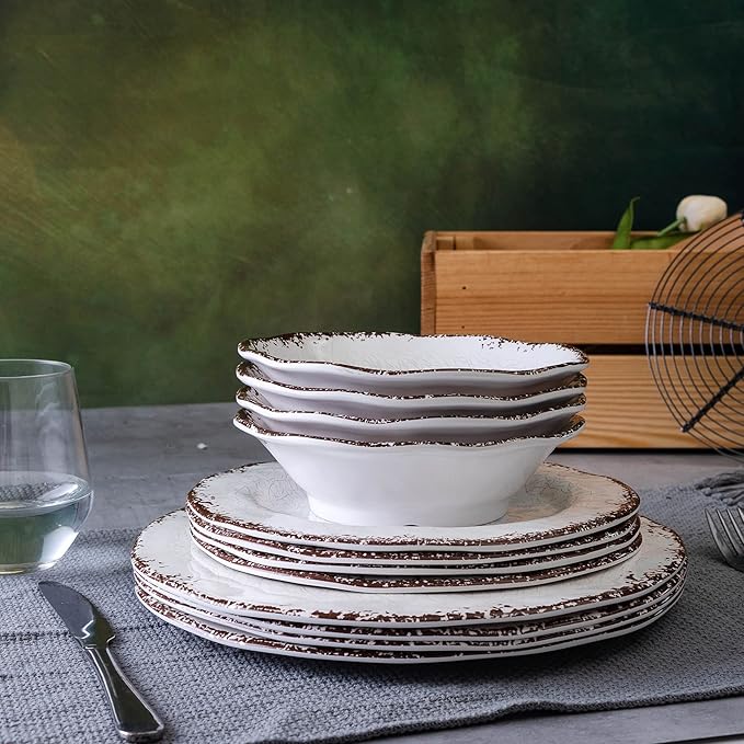 LEHAHA Vintage White Melamine Dinnerware set-12 Piece Lightweight Unbreakable Outdoor Camper Plates/Dishes and Bowls Set Service for 4 Dishwasher Safe…