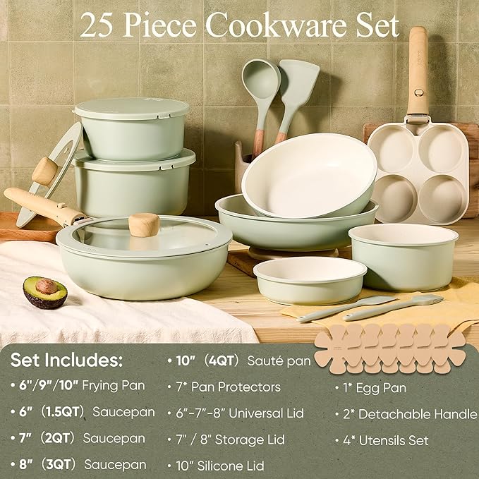 CAROTE 25pcs Pots and Pans Set Non Stick Cookware Sets Kitchen Set Oven/Dishwasher/Fridge Safe Space Saving Pots Set Nonstick Set with Versatile Detachable Handle Induction RV Set Green