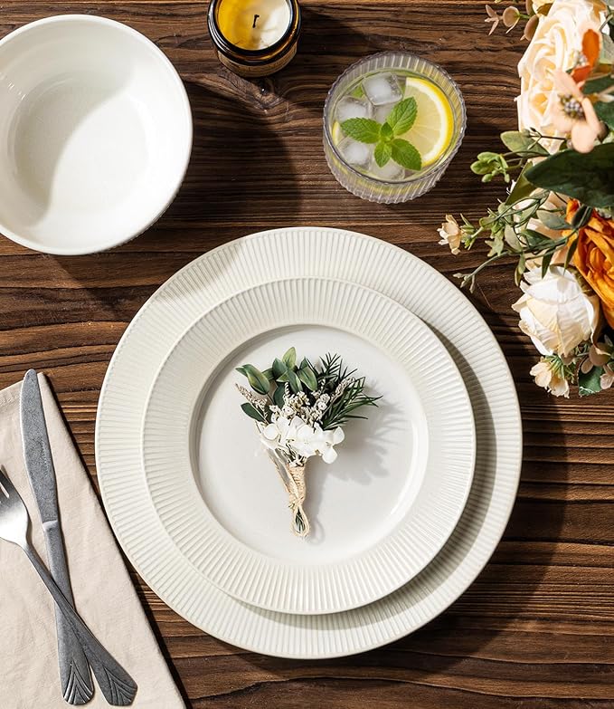 TheTerra Stoneware Dinnerware Sets for 6 18 Pieces Ceramic Plates and Bowls Sets Scratch Resistant Embossed Dish Set Oven Microwave &amp Dishwasher Safe Reactive White