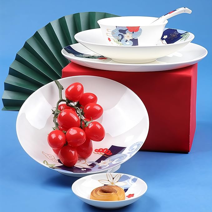 Fine Bone China Dinnerware SetPorcelain&ampCeramic Dinnerware SetsBone Stoneware &amp Ceramic Cookware Tableware Set Includes Dinner Plates|Spoons|Pasta Bowls|Soup Pot|Chopsticks (30PCS * 6-Person