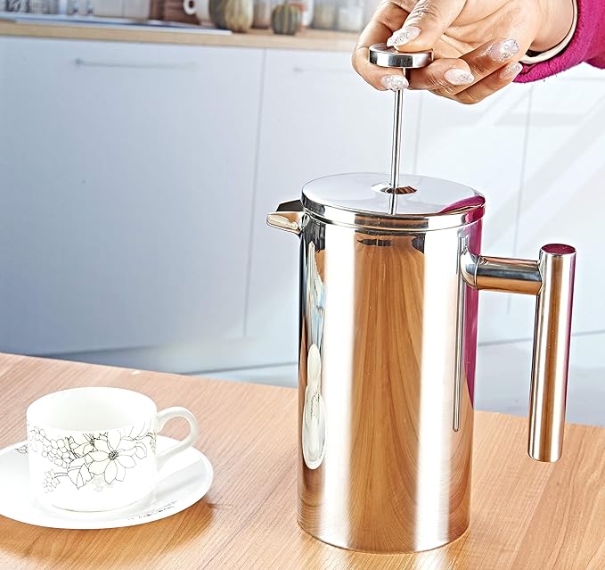 Insulated French Press Coffee Maker Stainless Steel Double-Wall Metal 3 Level Filtration System Rust-Free Dishwasher Safe