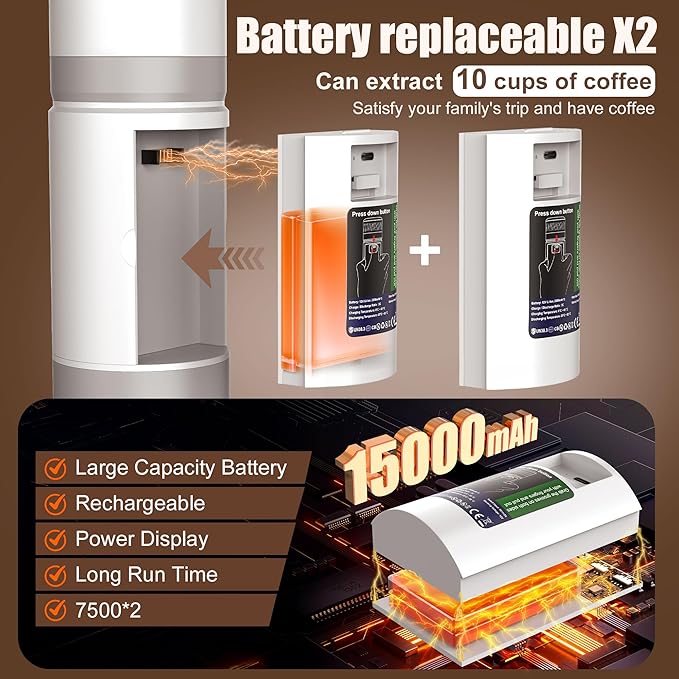 Portable Coffee Machine w/ 2 Rechargeable Batteries 8 Cups 20bar USB-C Espresso coffee Maker for Camping Travel Office Ground &amp Capsule Compatible