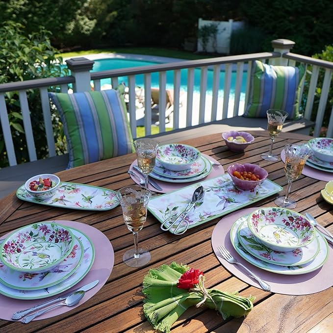 Hummingbirds 12-Piece Melamine Dinnerware Set – Service for 4 with Dinner Salad and Bowls – Lightweight Durable Dishwasher Safe Floral Hummingbird Design for Indoor &amp Outdoor Dining