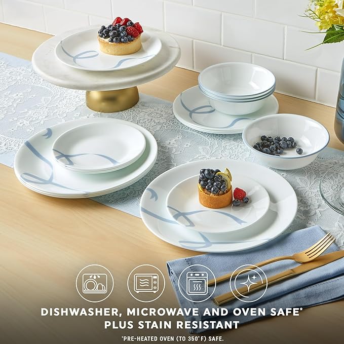 12-Piece Premium Triple-Layer Glass Dinnerware Set Service for 4 Classic Blue Ribbon Pattern Design Chip and Crack Resistant Tableware for Daily Dining Dishwasher and Microwave Safe Kitchen Essent