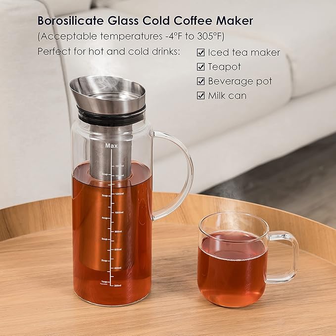 Aquach Cold Brew Coffee Iced Tea Maker &amp Fruit Pitcher - Large Capacity 51 Ounces - with Durable Glass Carafe/Fine Mesh Steel Infuser/Airtight Lid