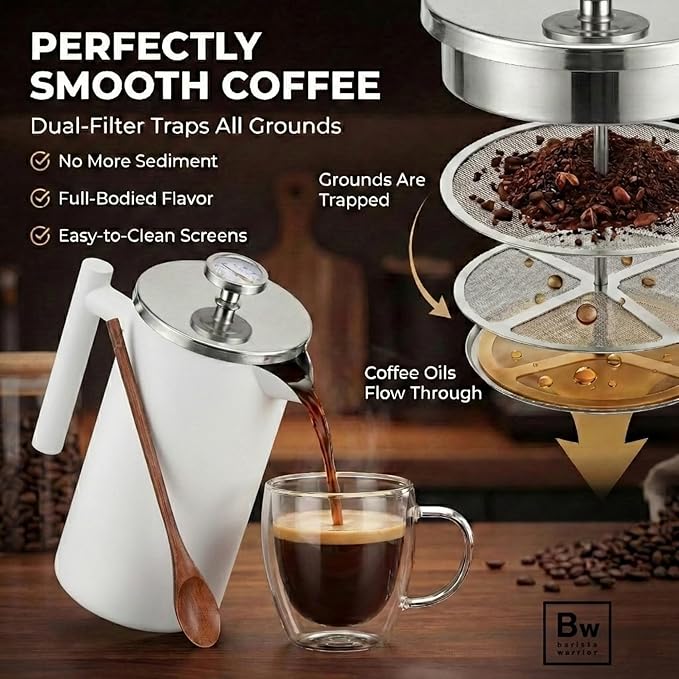 Barista Warrior French Press Coffee Maker Stainless Steel with Built-In Thermometer - Insulated Double Wall Design Dual Filter System Stay-Cool Handle &amp Wood Spoon - White