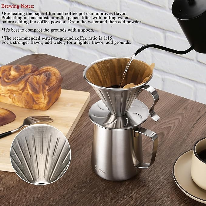 Pour Over Coffee Maker 304 Stainless Steel wIth 100 pcs Paper Filters &amp 600ml Milk Frothing Pitcher for Home &amp Camping