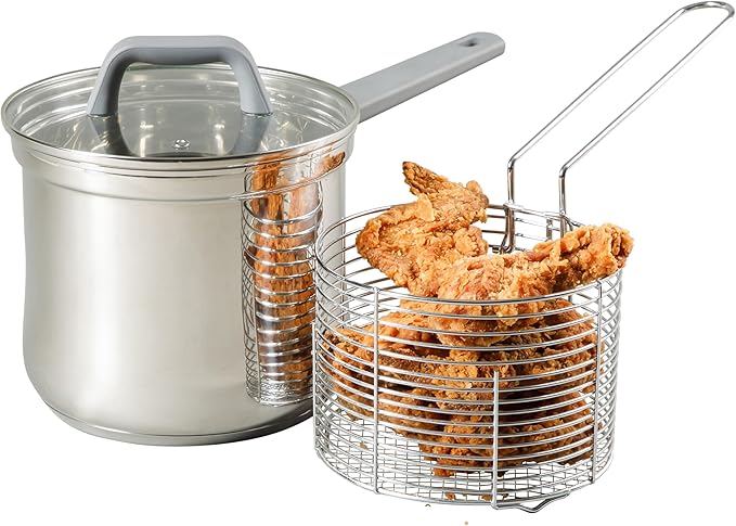 Oster Beauford 3.65-Quart Stainless Steel Deep Fryer Pot with Basket &amp Glass Lid – Induction Oven &amp Dishwasher Safe 5-Ply Encapsulated Base Soft-Touch Handle
