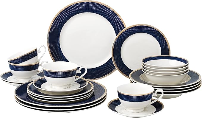 HOMEHUT 24 Piece Dinnerware Set-Bone China - Elegant Navy and Gold Design Lightweight Yet Durable Perfect for Formal Dining and Entertaining Guests Service for 4 people