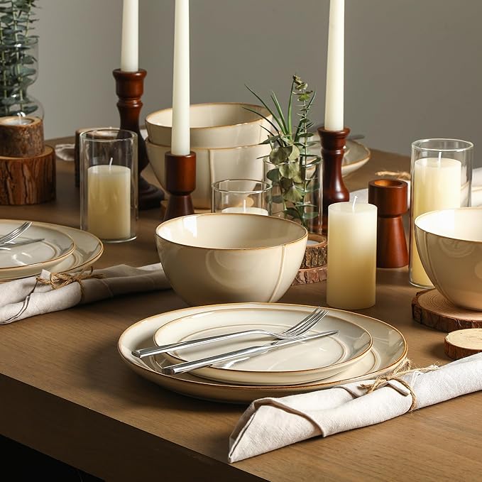 Stone Lain Infinity 12-Piece Dinnerware Set Stoneware Plates and Bowls Set Dishwasher and Microwave Safe Dish Set for 4 Beige