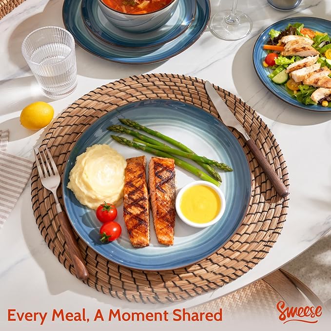 Sweese Porcelain Dinnerware Sets for 6 18 Pieces Ceramic Plates and Bowls Sets Handcrafted Minimalist Dinner Set Chip and Scratch Resistant Dish Set Dishwasher &amp Microwave Safe Ocean Blue