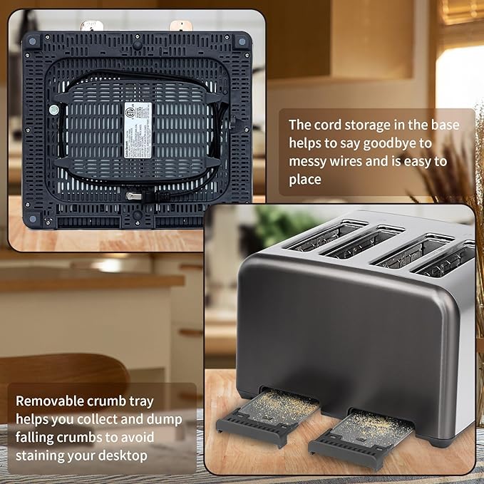 SEEDEEM Toaster 4 Slice Stainless Toaster &amp Touch Control LCD Display 6 Bread Type 7 Shade Settings 1.5'' Wide Slots Cancel/Defrost/Reheat Removable Crumb Tray 1800W Dark Metallic