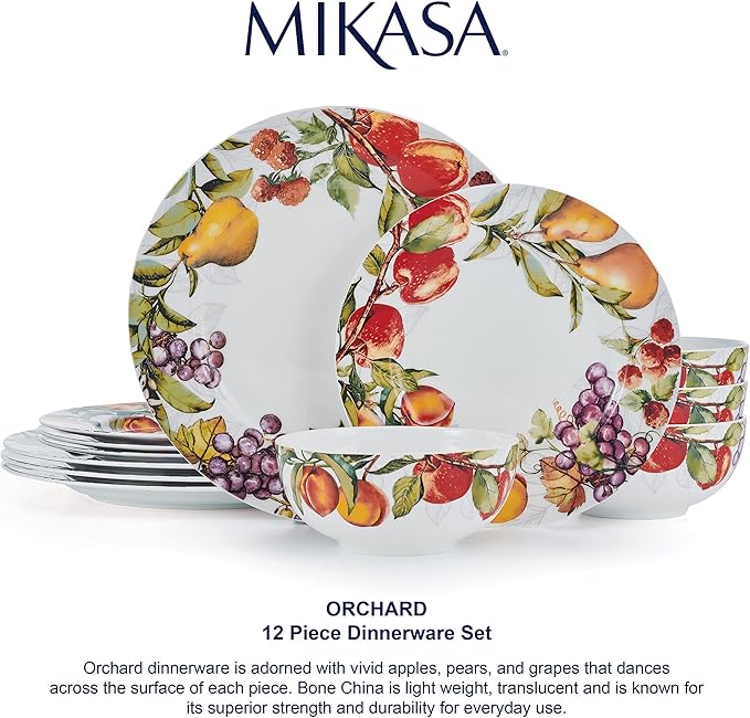 Mikasa Orchard Bone China Lightweight Chip Resistant 12 Piece Dinnerware Set Service for 4