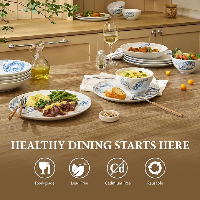 Minh Long 12 Pcs Porcelain Thanksgiving Dinnerware Set Pumpkins Harvest Plates and Bowls Set for 4 Fall Dishes Chip &amp Scratch Resistant Oven Safe up to 482°F Non Toxic Dishwasher &amp Microwa