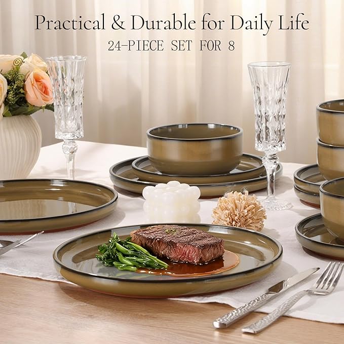 E-far Stoneware Dinnerware Sets for 8 24 Pieces Reactive Glaze Plates and Bowls Sets Elegant Dishes with Rustic Terracotta Clay Base Dishwasher &amp Microwave Safe Scratch Resistant Desert Camel