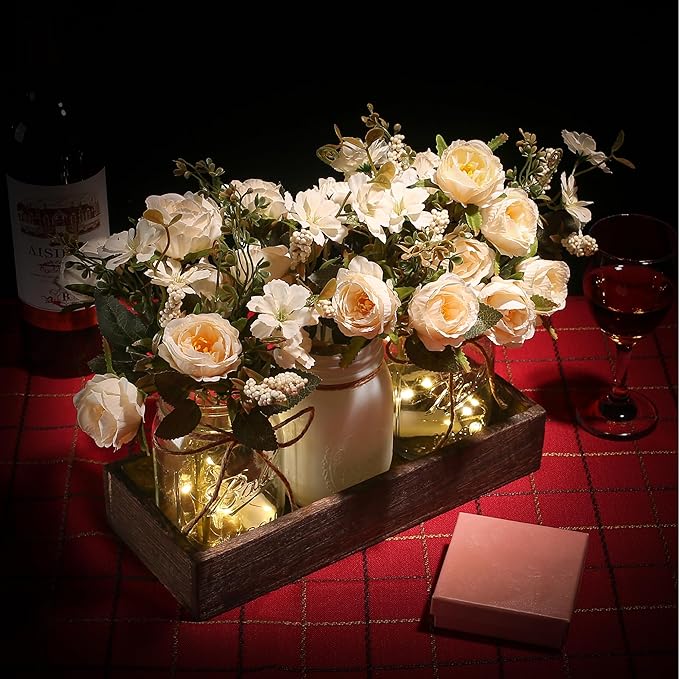 3 Pcs Mason Jar Centerpiece Table Decorations for Dining Table Decor Farmhouse Coffee Table Decor with Wood Tray and Led Light Table Centerpieces for Dining room Kitchen Living BathroomWhite