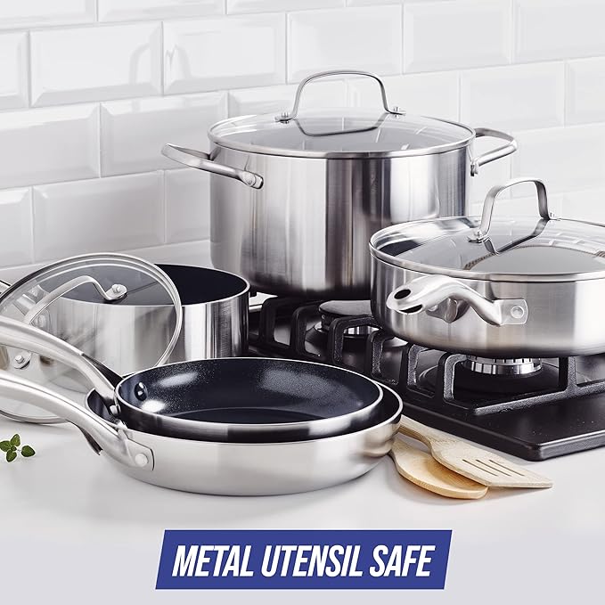 Blue Diamond HD Stainless Steel Clad Pro 10 Piece Cookware Pots and Pans Set Diamond Infused Ceramic Nonstick PFAS-Free Dishwasher Safe Oven and Broiler Safe Silver