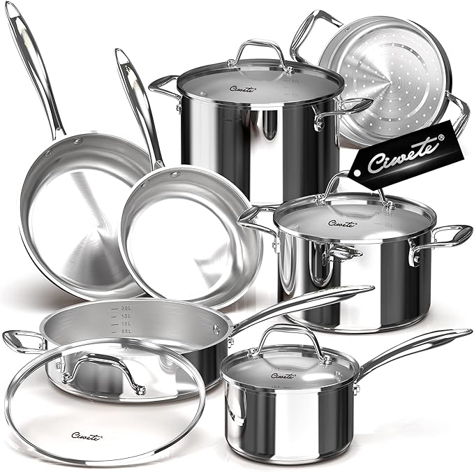 11-Piece Tri-Ply Stainless Steel Pots and Pans Set 18/10 Stainless Steel Cookware Set with Steamer Insert Induction Kitchen Cookware Sets with Cool Ergonomic Handles Dishwasher Oven Safe