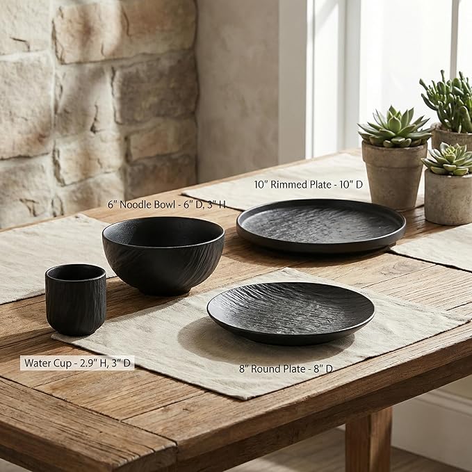 Wabi Sabi Stone Texture Ceramic Dinnerware Set 16-Piece Matte Bowl &amp Plate Set - 10” &amp 8” Plates Bowl Cups - Minimalist Stoneware for Modern Dining (Black/White) (black)